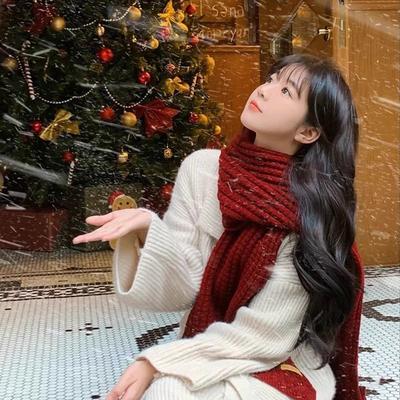 Winter Women's Versatile Korean Style Knitted Wool Red Scarf High-end Christmas Gift Couple Neck Warmer