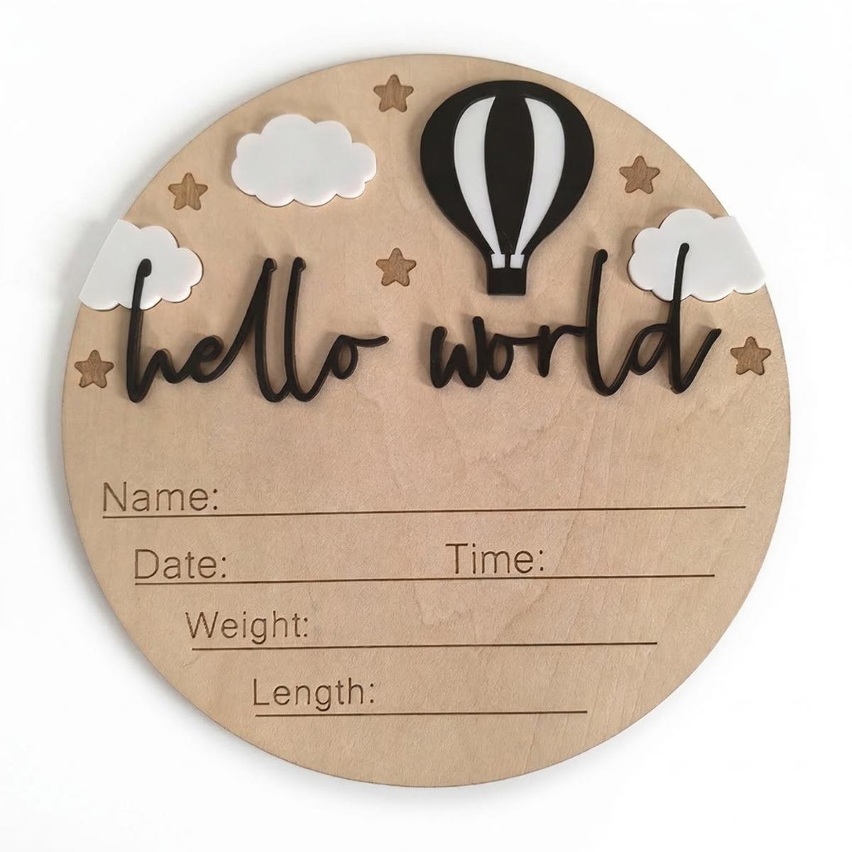 

15Cm Round 3D Natural Wood With Raised Acrylic Lettering Hello World Birth Announcement Plaque, Photo Prop For Kids