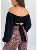 European & American Women's Off-the-Shoulder Lantern Sleeve Crop Top with Lace-Up Design