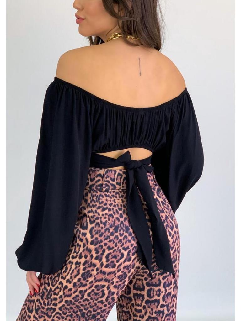 European & American Women's Off-the-Shoulder Lantern Sleeve Crop Top with Lace-Up Design