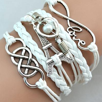 Women 8 Word Symbol Braided Multilayer Love Heart Towers Faux Pearl Bracelet MIT