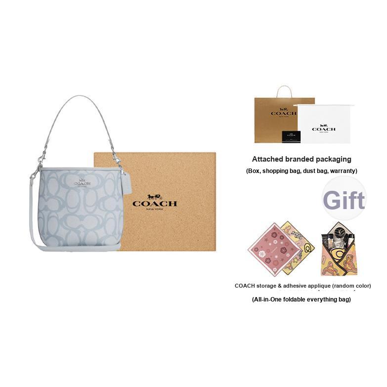 Coach City Bucket 17 Silver Metal Logo Removable Shoulder Strap Coated Canvas Bucket Bag Women Bags Ice-Blue CBH90-SVNB9