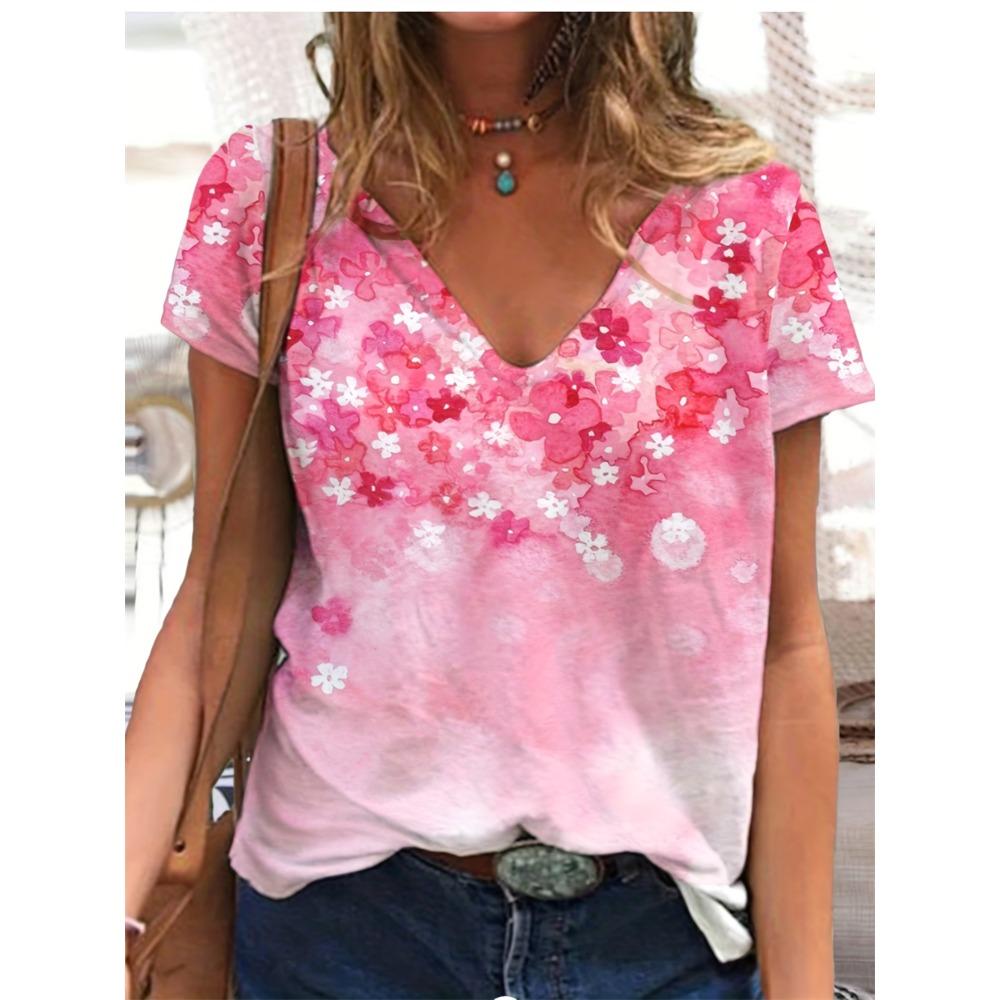Summer Women's Fashion Blue Flower Printed V-neck T-shirt