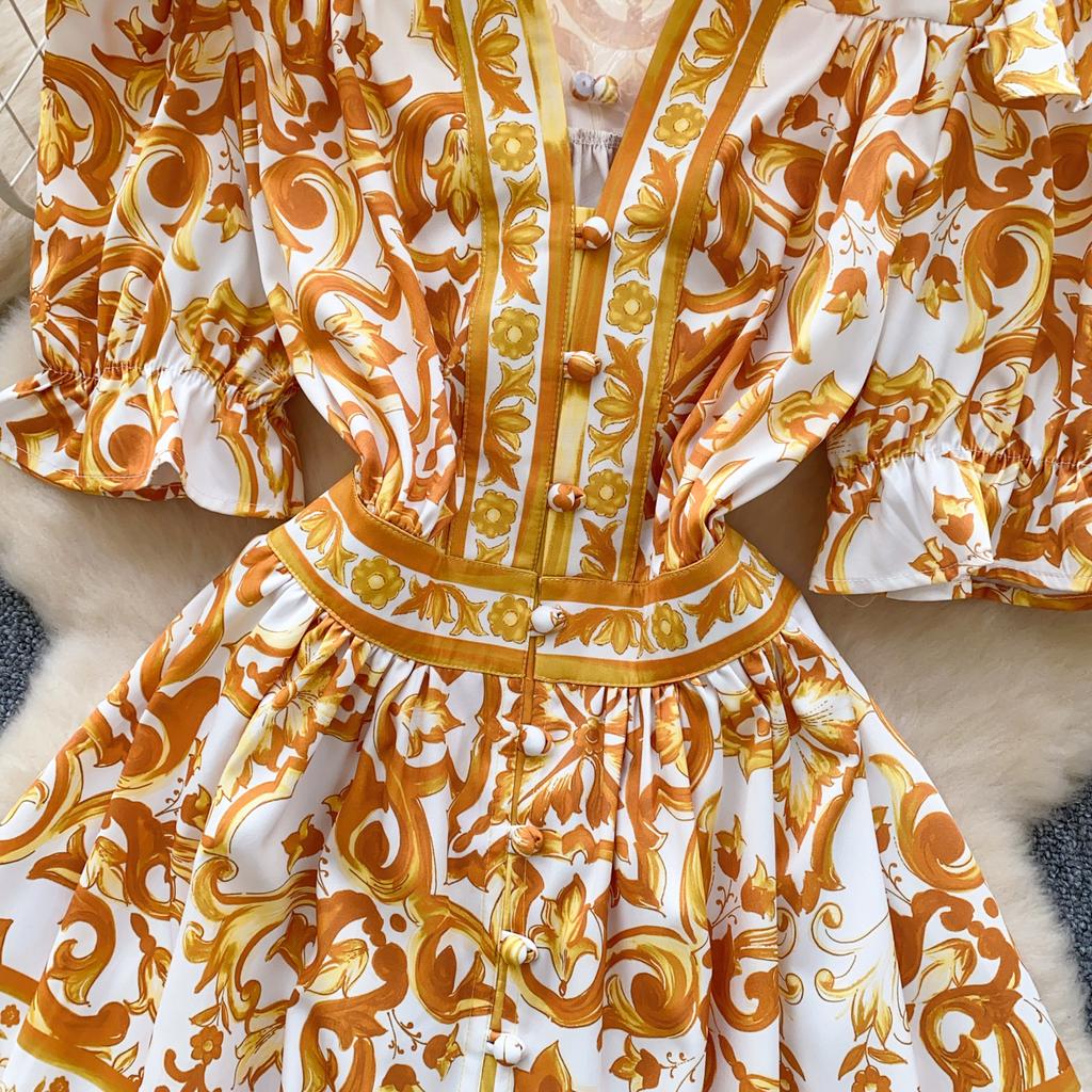 Summer Women Elegant Flare Sleeve Designer Print Runway Dresses V-neck Single Breasted Mini Short Party Dress