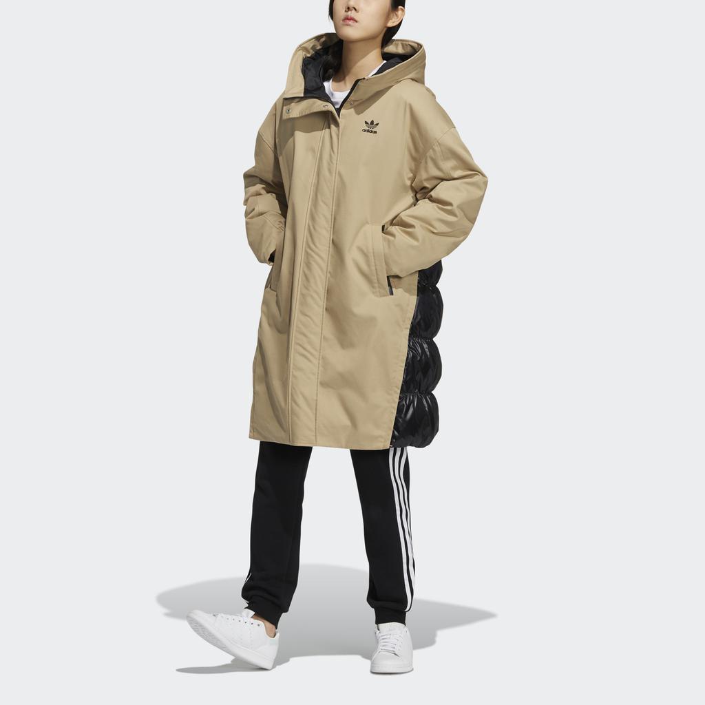 Adidas Originals Layered Parka Color Block Spliced Large Logo Mid-Length Hooded Down Jacket Women Outerwear Khaki HF1585