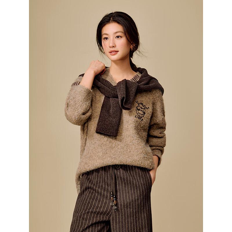 INMAN Women's Wool Blend Embroidered V-Neck Drop-Shoulder Sweater