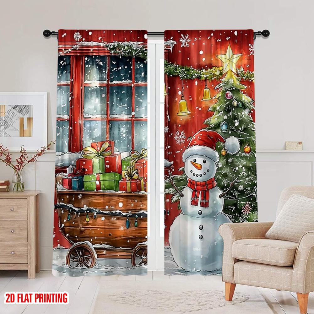 2pcs 2D flat printing Merry Christmas Popular Curtain Snowmen and Christmas trees3 100% Polyester Without Electricity Holiday