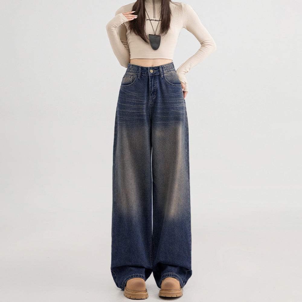 Trendy high street design sense washed wide-leg jeans spring and autumn new high-waisted loose mopping jeans