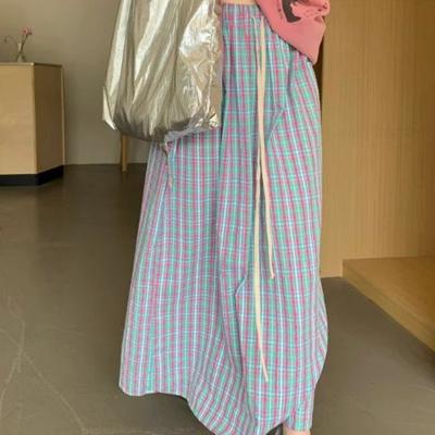 Damen Sommer Koreanischer High-Waist Glockenrock A-Linie Midi-Rock - Französischer Karorock im Umbrella-Stil mit Vintage-Eleganz