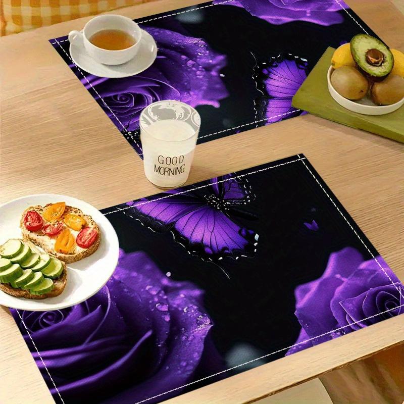 4pcs Square Placemats Purple roses, butterflies,Dark, romantic themed Durable Table Decoration Mats with Coffee Table Pad and Bowl Plate Mat Functions