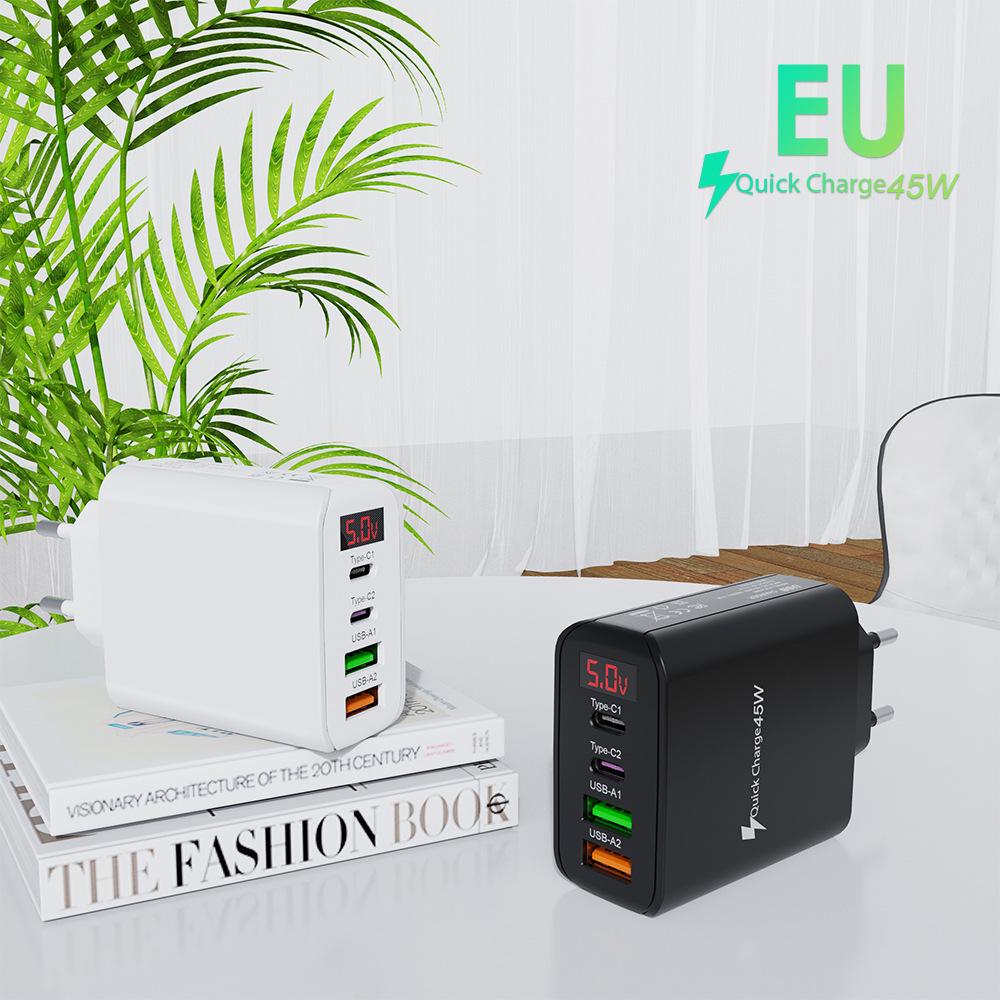45W Multi-Port Phone Charger with Digital Display, 2A+2C, 3.1A, EU/UK Plug