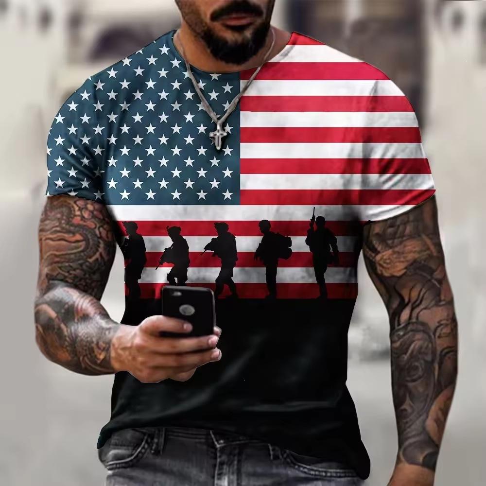 Casual Men's Short Sleeve T-Shirt, US Flag & FREEDOM Print, Streetwear Style.