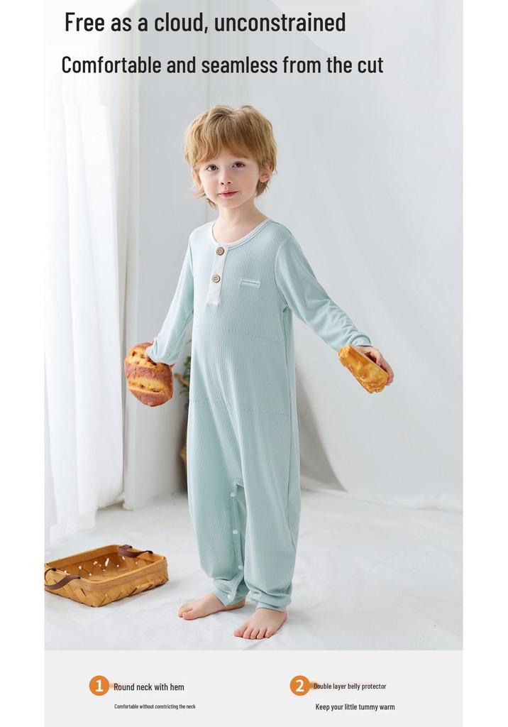 Bamboo Fiber Kid's Pajamas: Cool, Sweat-Wicking One-Piece with Belly Protection for Toddlers & Children (S, M, L) - Ideal for Air Conditioning.