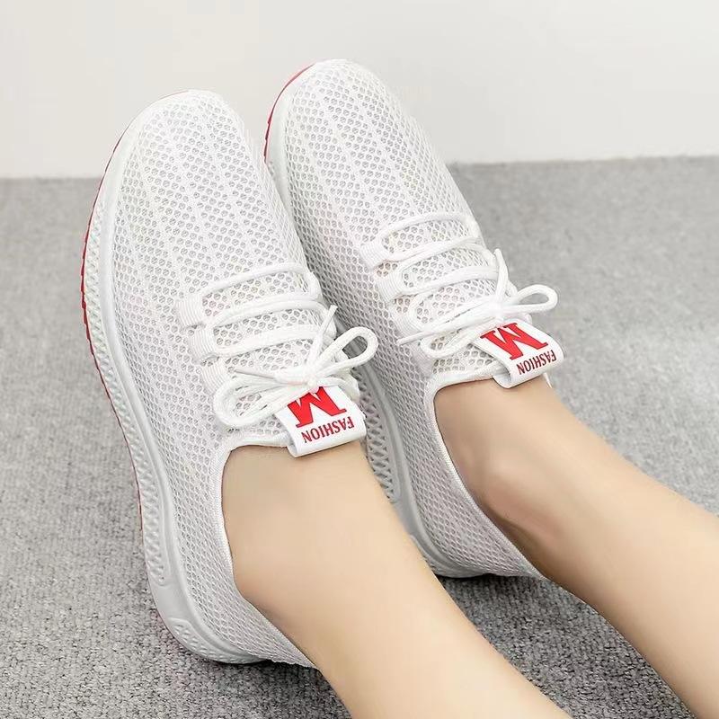 Spring and summer new women's sports mesh casual sports shoes platform-soled walking shoes soft-soled comfortable lace-up shoes white mesh shoes