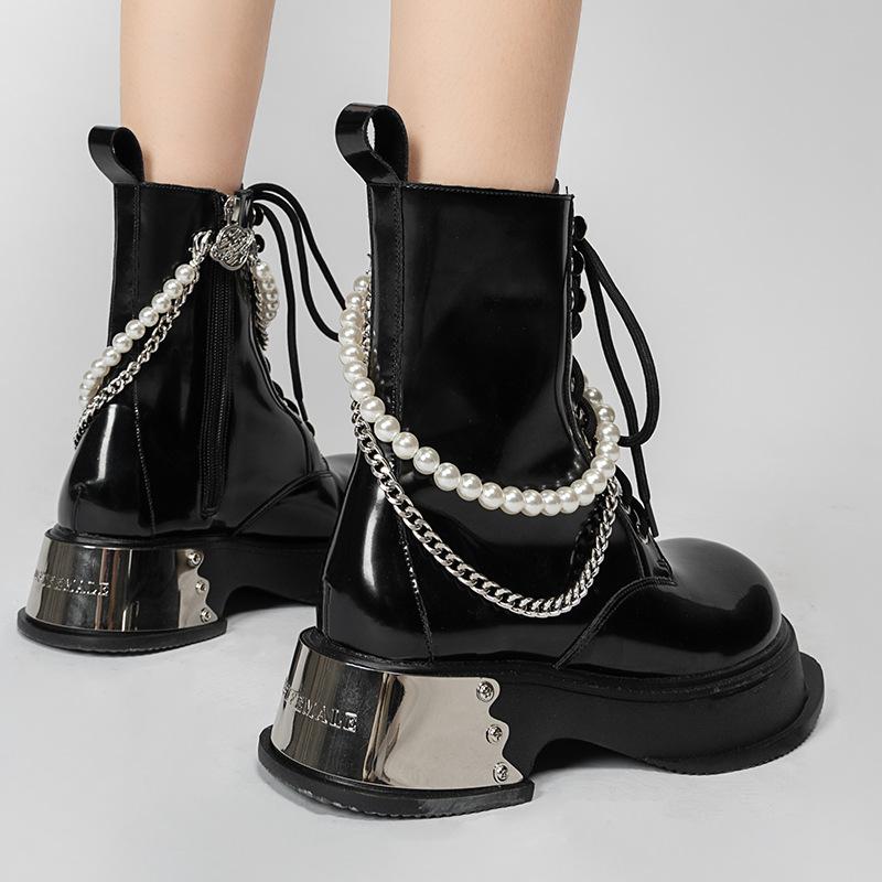 Quality Selection Women's Boots Trend Pearl Chain Design Women Ankle Boots High Quality Platform Leather Short Boots Botas Mujer