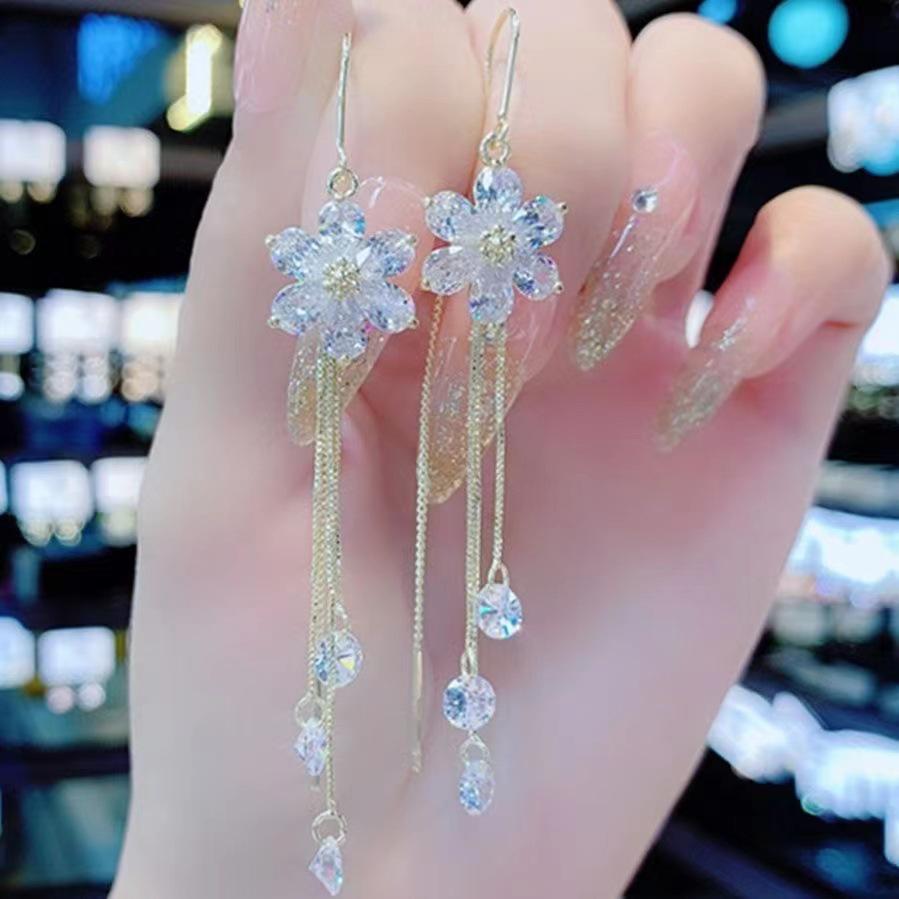 White Rhinestone Long Tassel Flower Earrings: Elegant Five-Petal Design
