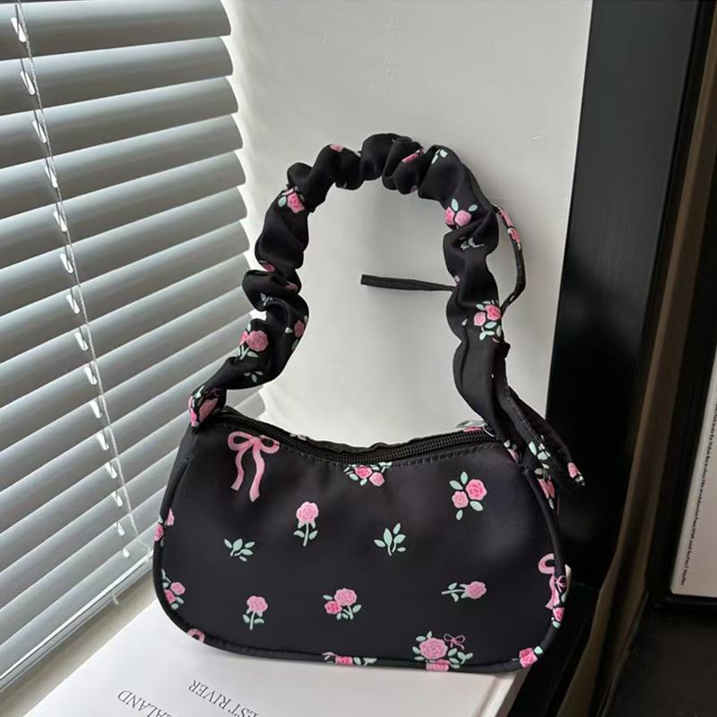 Unique Wrinkled Drawstring Floral Handbag Stylish Versatile Shoulder Underarm Purse Bag For Women