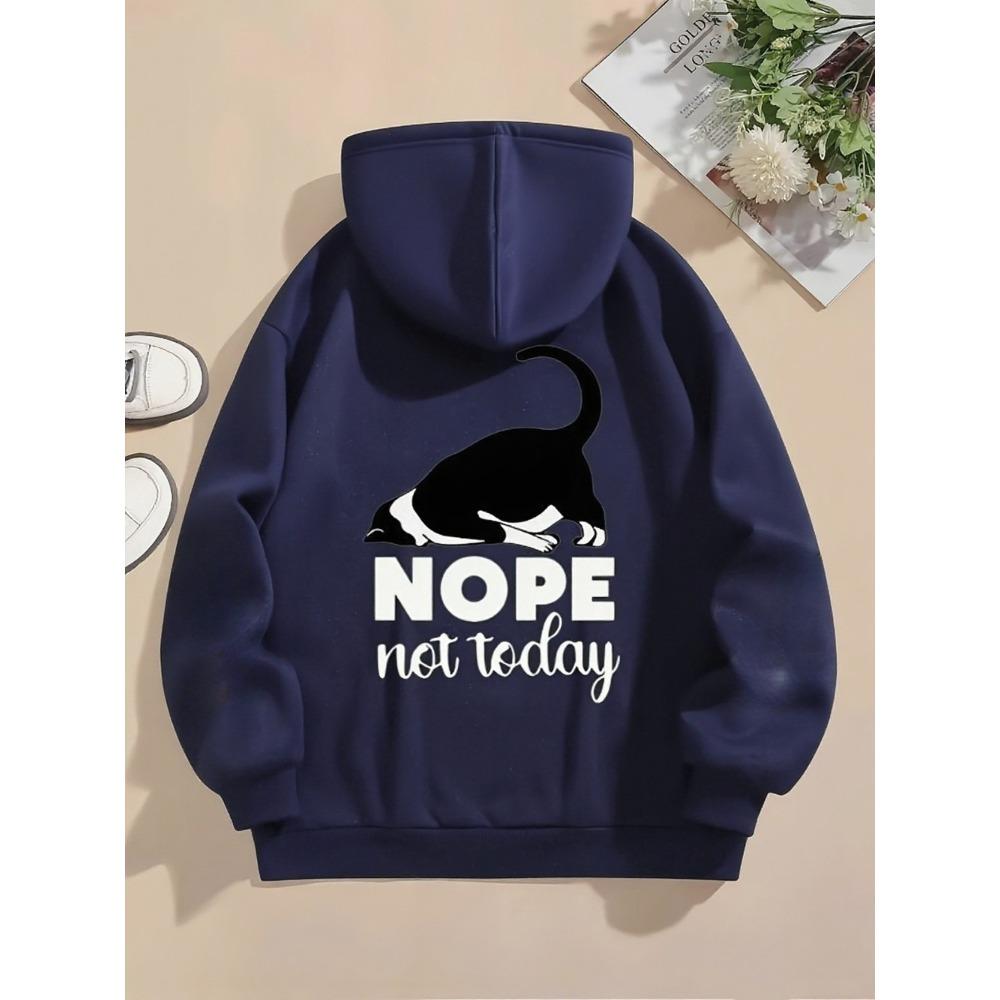 No Not Today Printed Hoodie Cat Pullover Loose Pocket Top Warm Wool Sweatshirt Winter Casual