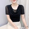 Summer Women's Draped Design O-Neck T-Shirt Trendy Elegant Short Sleeve Mesh Tops New Casual Fairy Tees Blouse