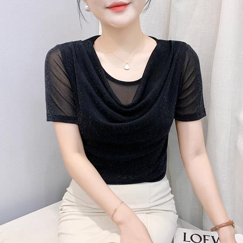 Summer Women's Draped Design O-Neck T-Shirt Trendy Elegant Short Sleeve Mesh Tops New Casual Fairy Tees Blouse