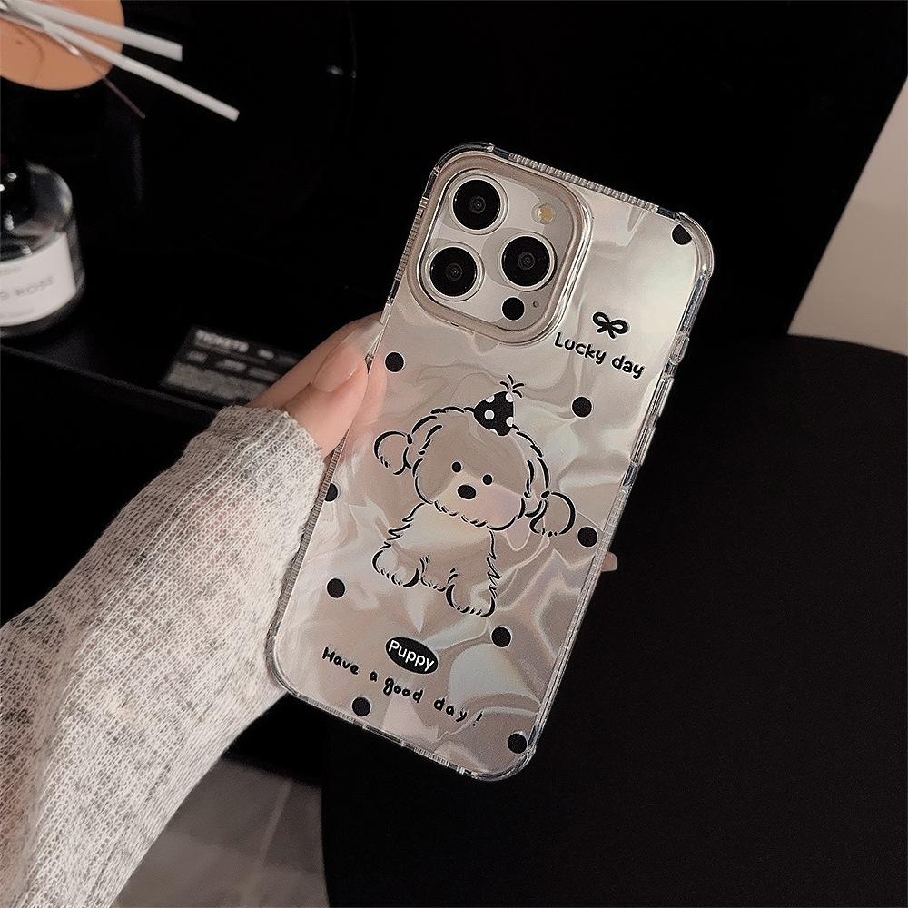 Electroplated Silver Is Suitable for Iphone16 Simple Line Puppy Mobile Phone Case Apple 14promax Laser 13 High-quality Mobile Phone Case