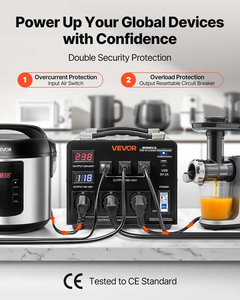 Spanning Automatische Converter Transformator, 6000VA, Heavy Duty Stap Omhoog/Omlaag Stroomtransformator, 110V naar 220V en 220V naar 110V, met 3 Amerikaanse Stopcontacten, 3 EU Stopcontacten,