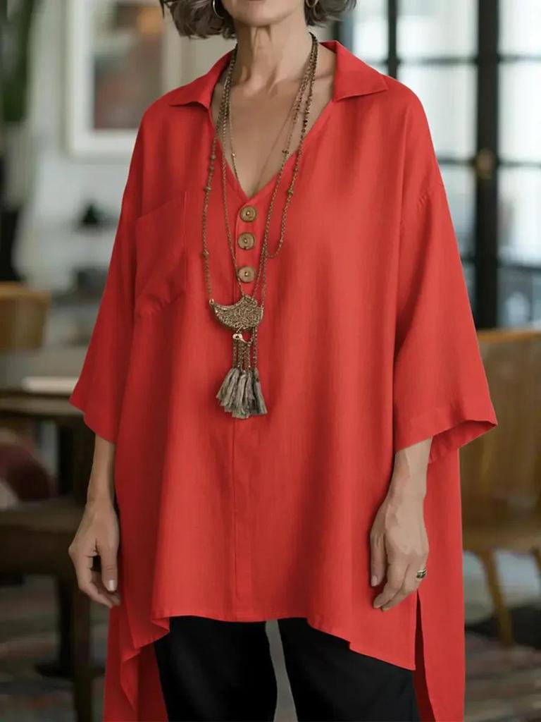 Spring/Summer 2026 Women's Cotton-Linen Top: European & American Style, Solid Color, Casual Loose Fit with Buttoned Short Front-Back Design.