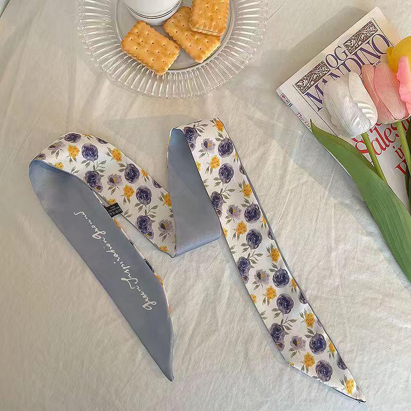 Small White And Tender Green Silk Scarf For Women, Thin Streamer, Headband, Hair Tie, Bag Decoration Long