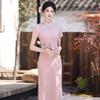 Pink Modern Chinese Style Qipao Dress Women 2026 Lightweight Silk-Linen Blend Long Cheongsam With Stand Collar Side