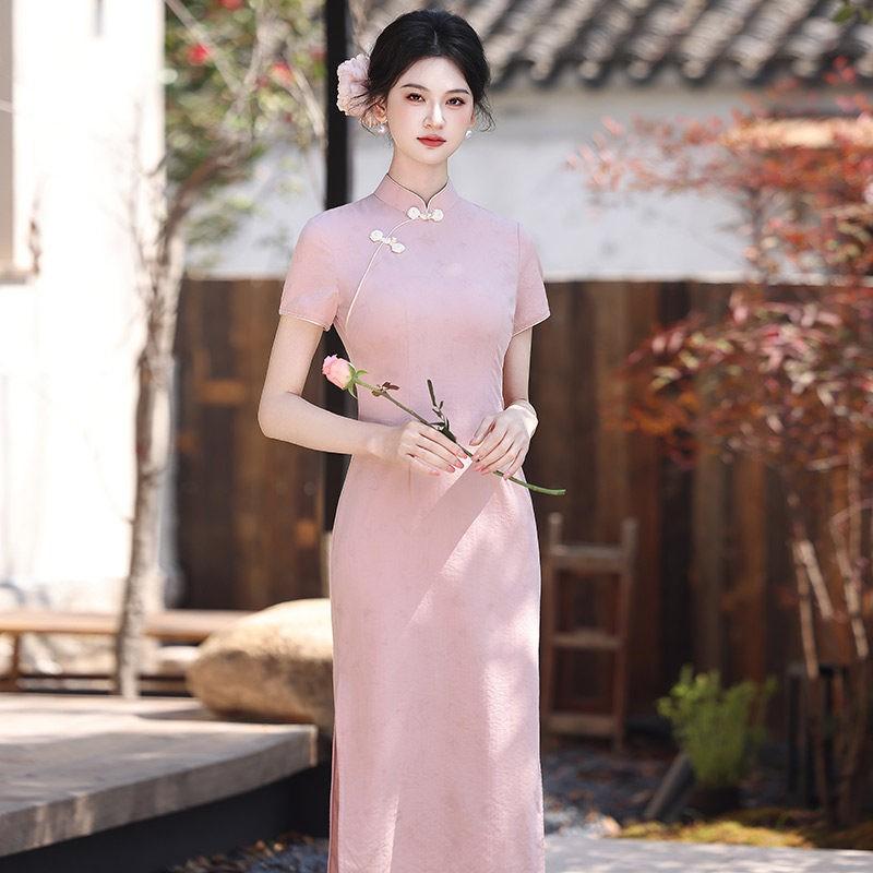 Pink Modern Chinese Style Qipao Dress Women 2026 Lightweight Silk-Linen Blend Long Cheongsam With Stand Collar Side