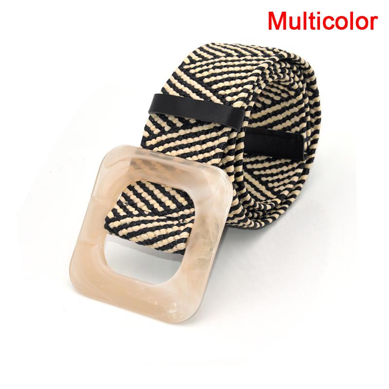 Summer Women Braided Belt Square Wooden Buckle Vintage Boho Straw Woven Belt