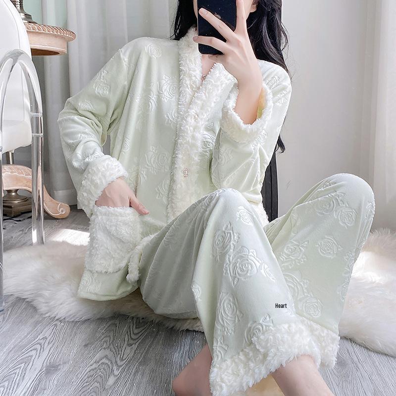 

2025 Женская высококачественная велюровая пижама: Длинный рукав, Толстый двусторонний флис, Осень/Зима, Маленький ароматный стиль. L