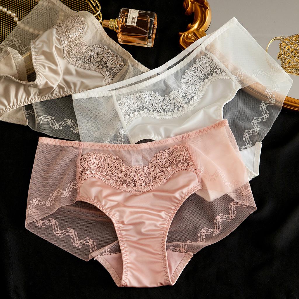 Light Luxury High-end Embroidered Mid Waist Panties with Lace Sexy and Breathable Triangular High Elasticity Satin Surface Women’s Panties