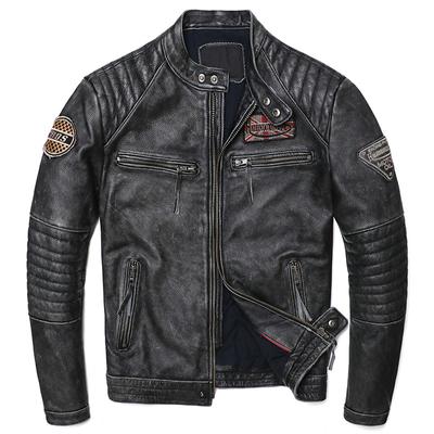 Vintage šedá bunda na motorku z pravé kůže Pánská motorkářka Bundy z přírodní hovězí kůže Muž Slim Cool Clothing Coat