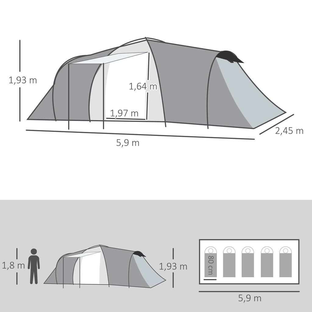 Familien-Campingzelt für 4-6 Personen Kuppel 2 Schlafzimmer 1 Wohnbereich und 1 Vorzelt UV-Schutz Wasserdicht 2000 mm Mehrfarbig