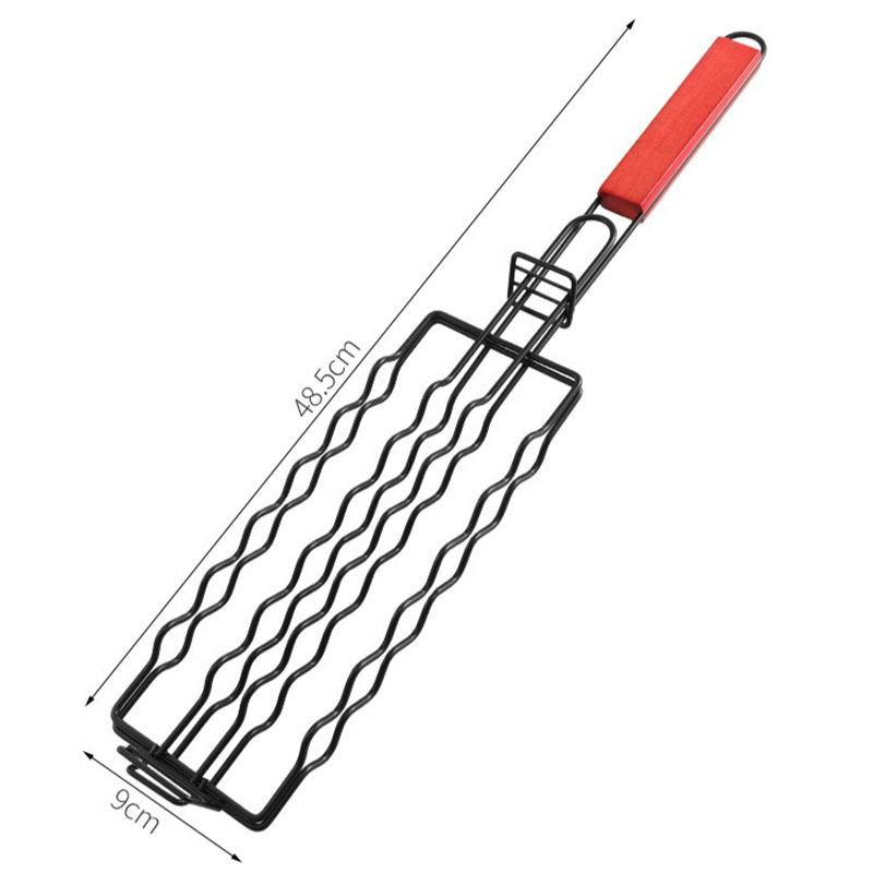 Detachable Sausage Grill Mesh Outdoor Wooden Handle Barbecue Cage Camping Picnics Hot Dog Clips Portable Kitchen Grilling Rack
