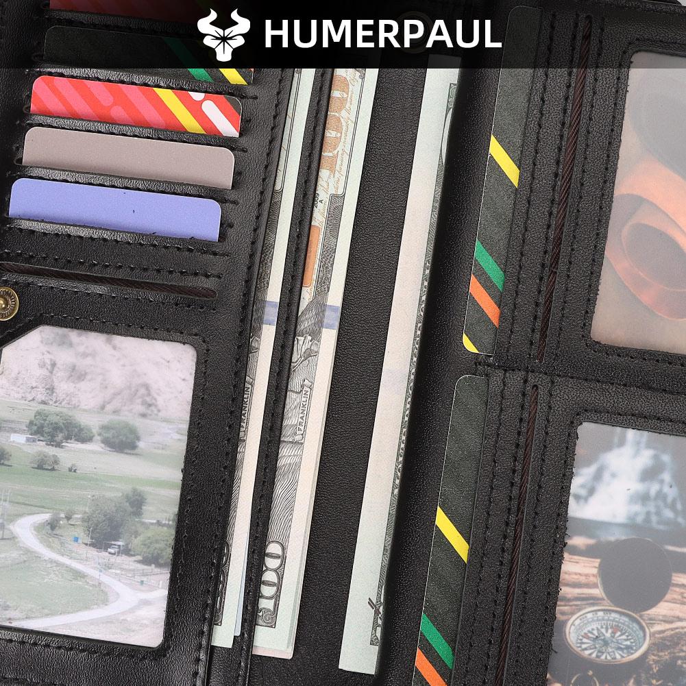 Humerpaul Męski portfel długi kopertówka z okienkiem na zdjęcie ze skóry bydlęcej, przenośny, z ochroną RFID, antymagnetyczny