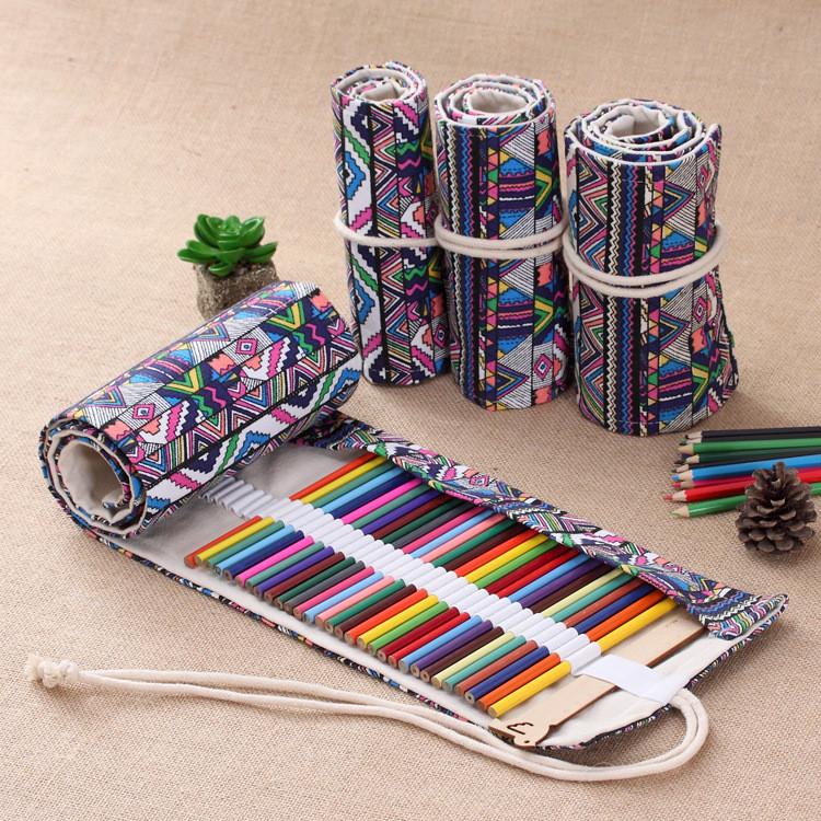Colored Ethnic Style Geometric Pattern Pencil Canvas Storage Bag For Students
