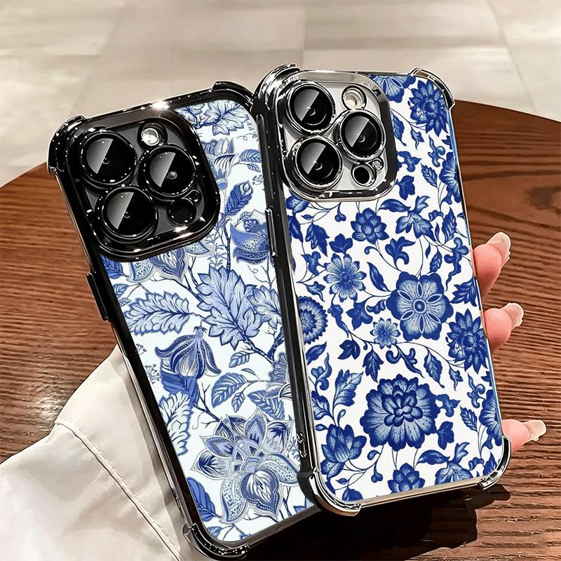 Blue And White Porcelain Pattern Plating Phone Case For Iphone 16 17 Pro Max Air 16E 14 15 Plus 12 13 Mini Anti-Fall Airabag Cov