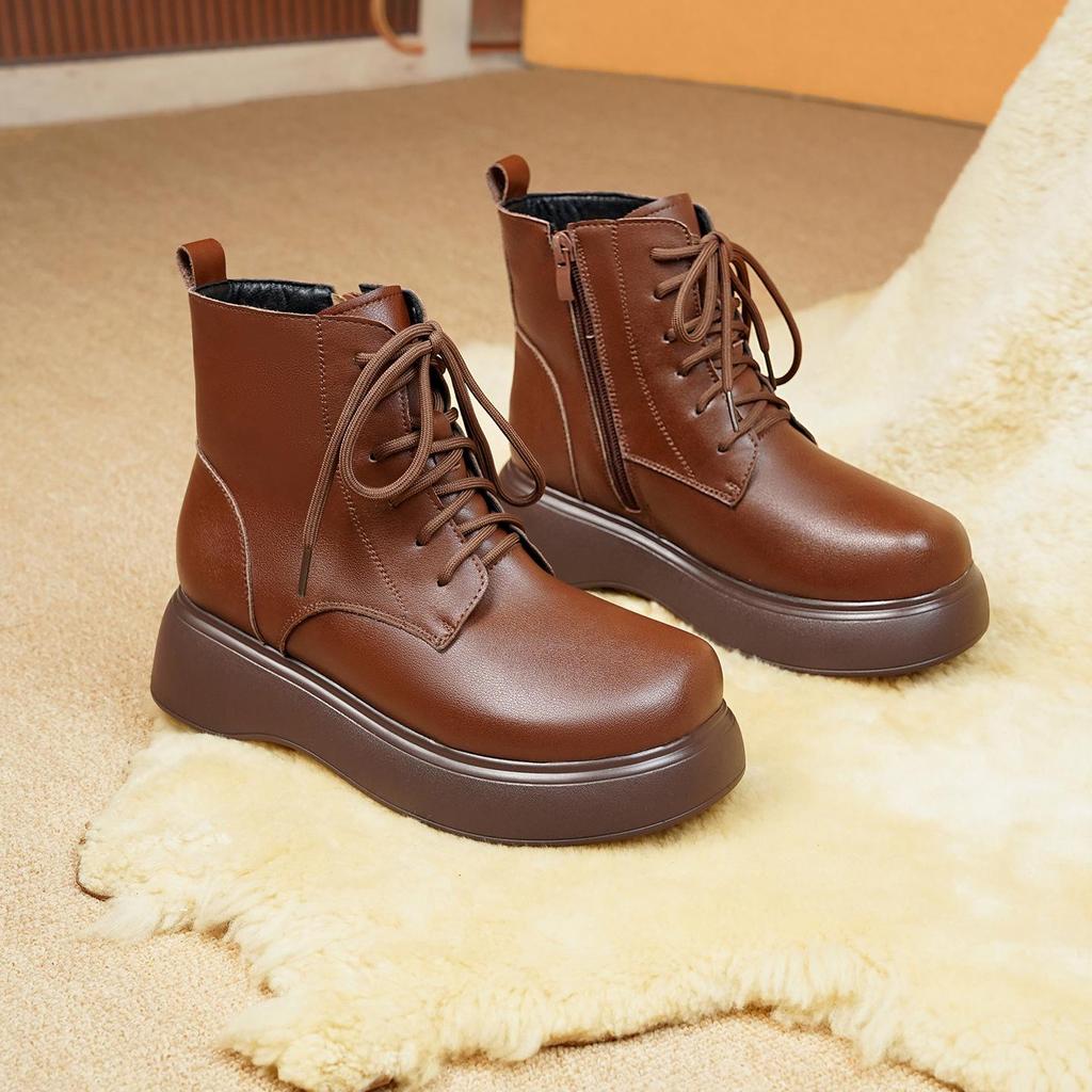 2025 H/W Damen Britischer Stil Echtleder Martin Stiefeletten mit dicken Sohlen, Retro-Fleece-Futter und Woll-Zehenschutz für Schnee