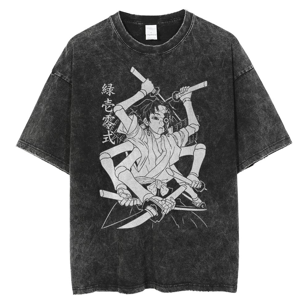 Hot Anime Demon Slayer Kokushibo Graphic Print Washed T Shirt Men Vintage Cotton Tshirts Manga Casual Tee Harajuku Male T-shirt