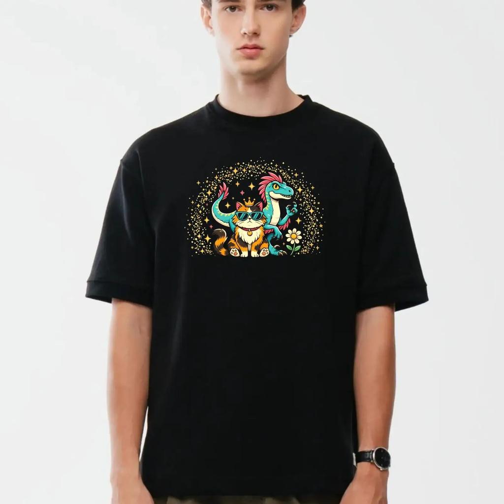 Cute Cartoon Cat And Dinosaur T Shirt Whimsical Animal Illustration 100 Cotton Novelty Top Vintage Homme Streetwear