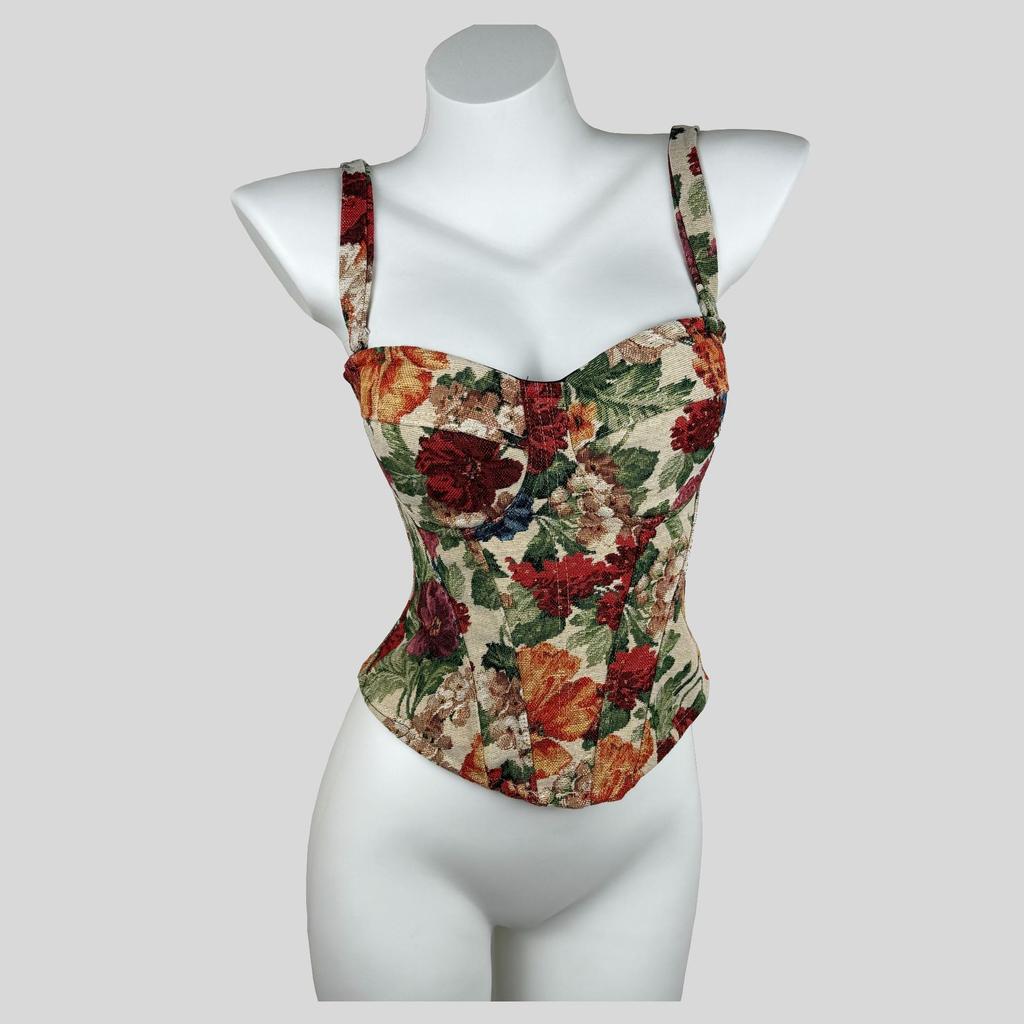 Women's Vintage Floral Boned Corset Top, Push Up Bustier Spaghetti Strap Crop Top For Waist Cinching & Layering