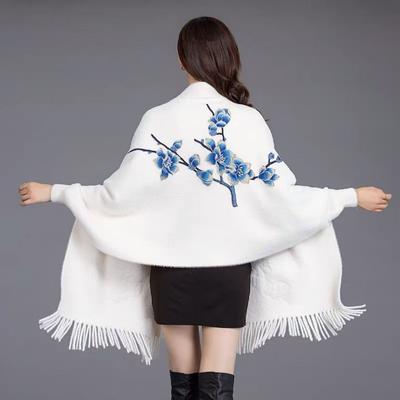 Autumn and Winter Thick Warm Shawl Scarf Embroidered Women's Sleeves Tassel Outer Cloak Jacket