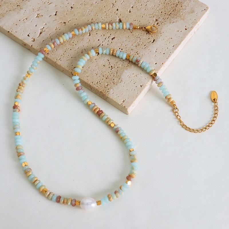 Gold Plated Light Blue Natural Stone Beaded Baroque Pearl Necklace