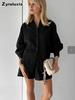 Spring/Summer Women's Lace Trim Bubble Sleeve Top Set with Shorts Casual Fashion Outfit