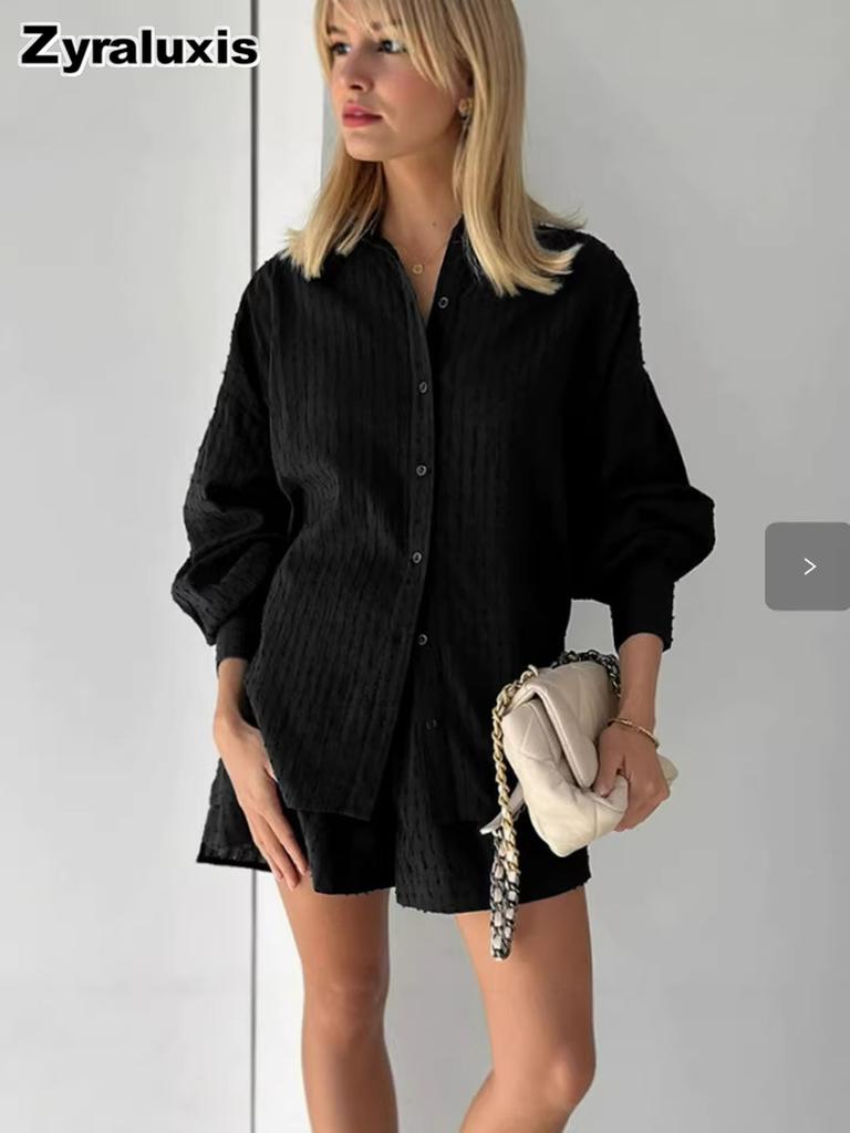 Spring/Summer Women's Lace Trim Bubble Sleeve Top Set with Shorts Casual Fashion Outfit