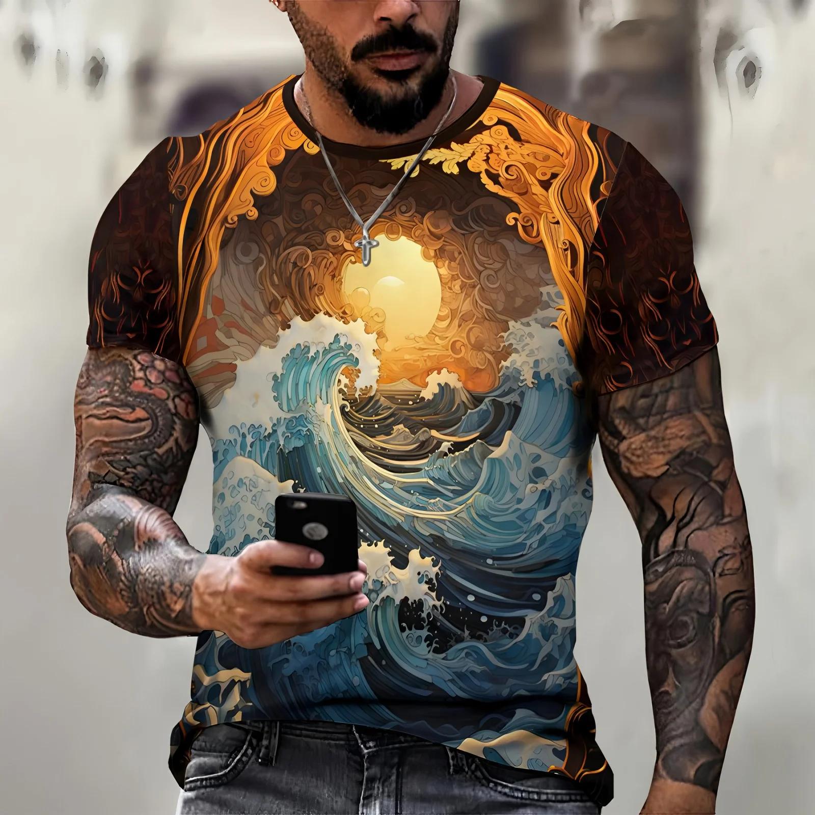 

New mens clothing top 3D printed sunset sea view graphic t shirts loose round neck short sleeved tees streetwear t shirt for men 6XL
