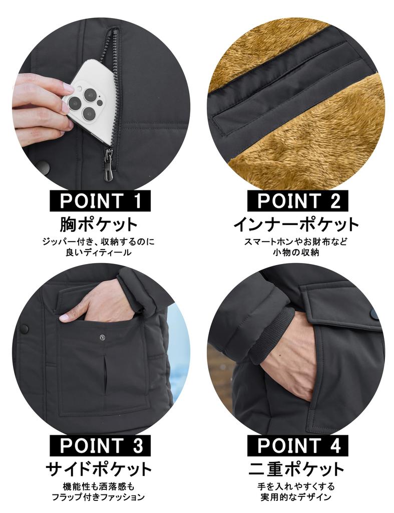 Veste d'hiver matelassée KEFITEVD avec polaire et design pour l'extérieur et le noir Taille M Col de style militaire pour homme, hydrofuge, fermeture éclair Snowboard,