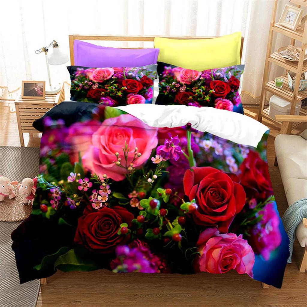 Red Rose Romantic Valentine's Day Floral Soft Duvet Cover for Women Young Girls Valentine's Day Gift Flowers Print Comfortable Quilt Cover Rom Decor